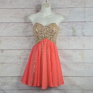 La Femme Strapless Fully Gold Sequin Mini With Coral Chiffon Skin Overlay Sz 6